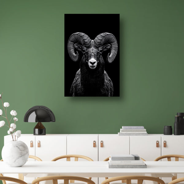 Indrukwekkend zwart-wit portret van een majestueuze ram canvas