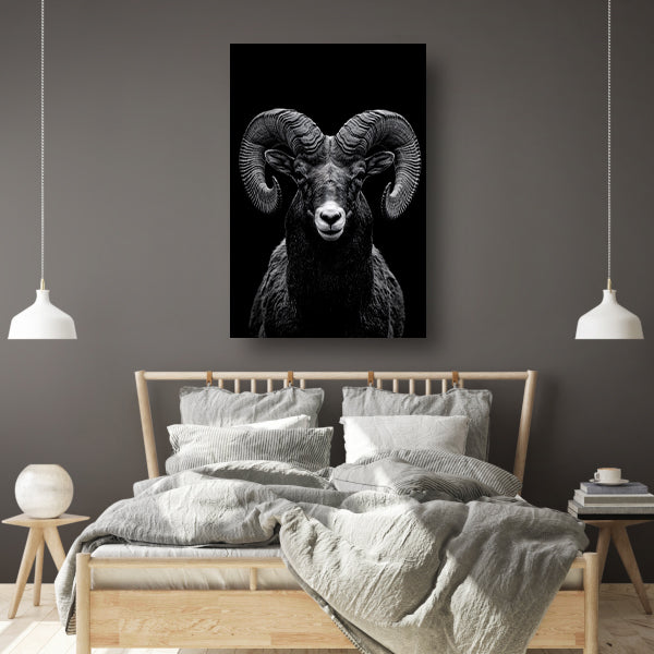 Indrukwekkend zwart-wit portret van een majestueuze ram canvas