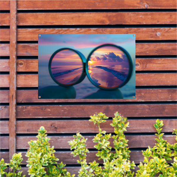 Reflectie van zonsondergang in brilglazen tuinposter