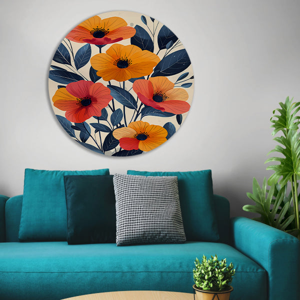 Levendige Illustratie van Kleurrijke Bloemen en Bladeren forex muurcirkel