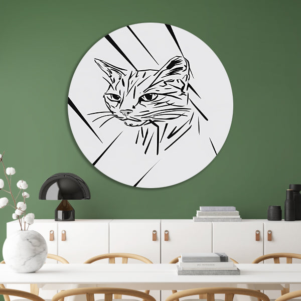 Minimalistische zwart-witte kat in lijnen forex muurcirkel