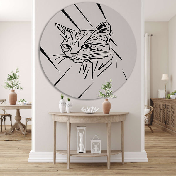 Minimalistische zwart-witte kat in lijnen aluminium muurcirkel
