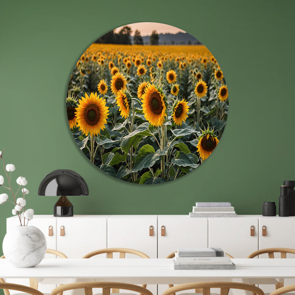 Uitgestrekt zonnebloemveld bij zonsondergang aluminium muurcirkel