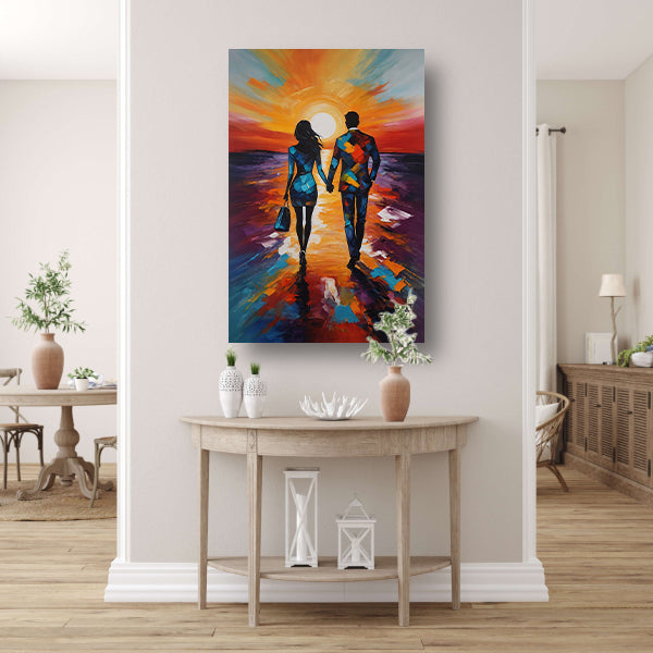 Stijlvol paar wandelt tijdens kleurrijke zonsondergang poster