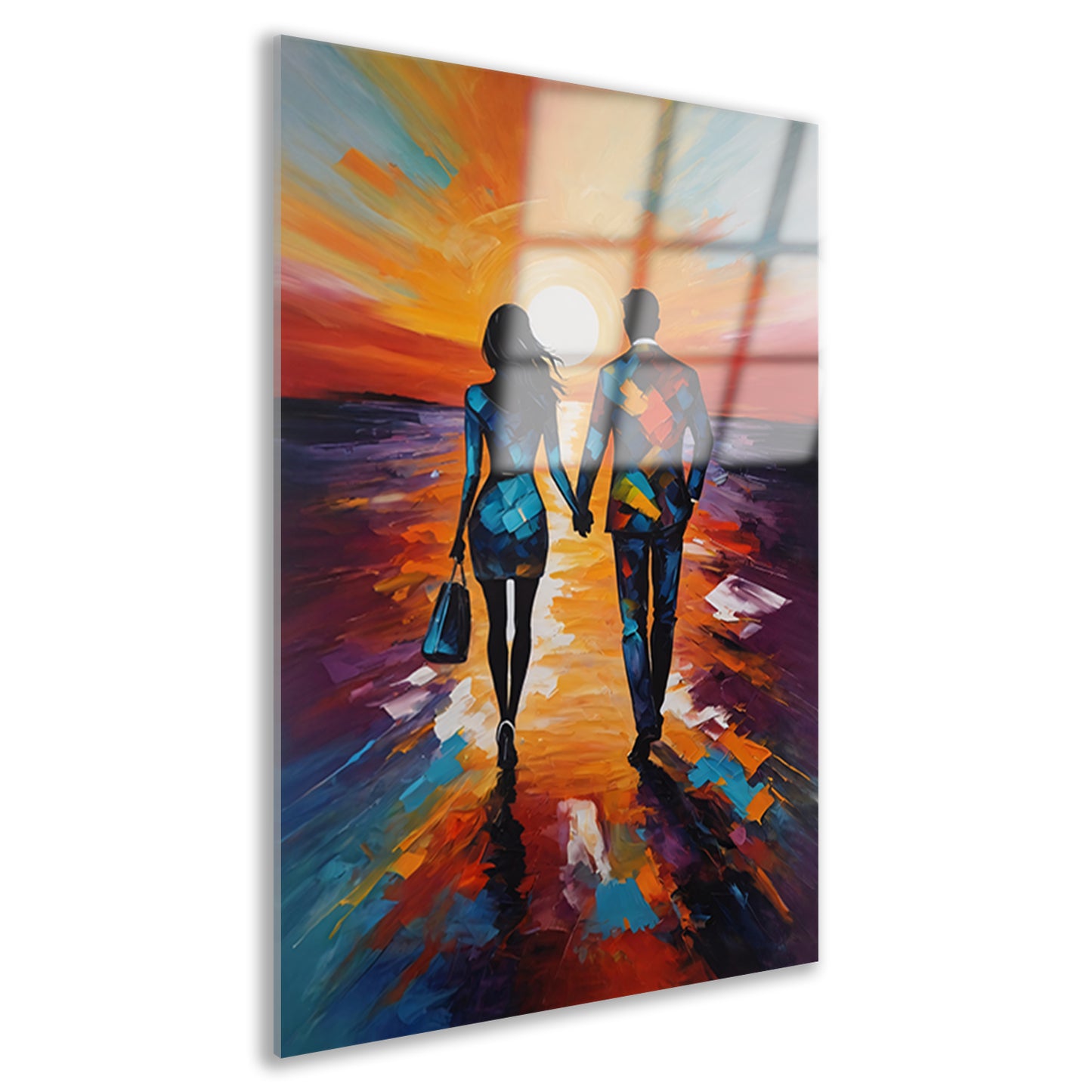 Stijlvol paar wandelt tijdens kleurrijke zonsondergang acrylglas