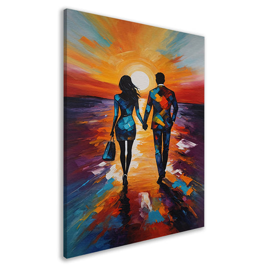 Stijlvol paar wandelt tijdens kleurrijke zonsondergang canvas