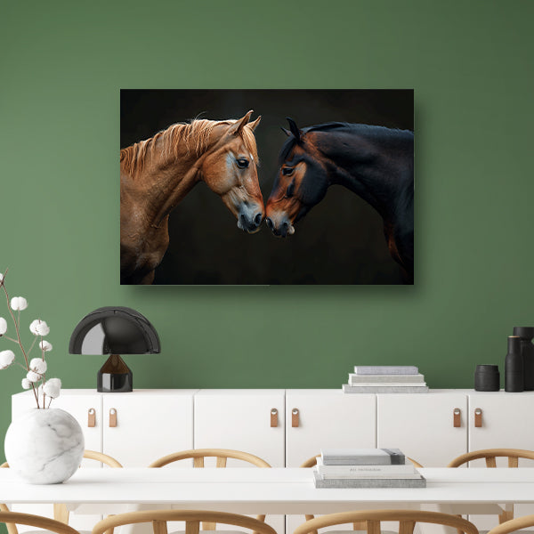 Twee paarden in donkere omgeving poster