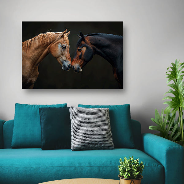 Twee paarden in donkere omgeving poster