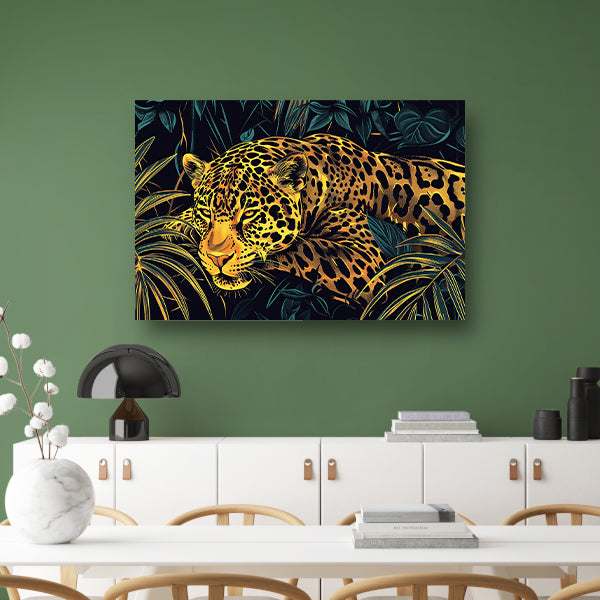 Gedetailleerde lijntekening van een jaguar in jungle acrylglas