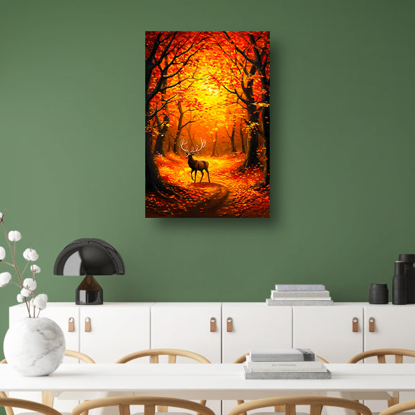 Hert in kleurrijk herfstbos met bladeren poster