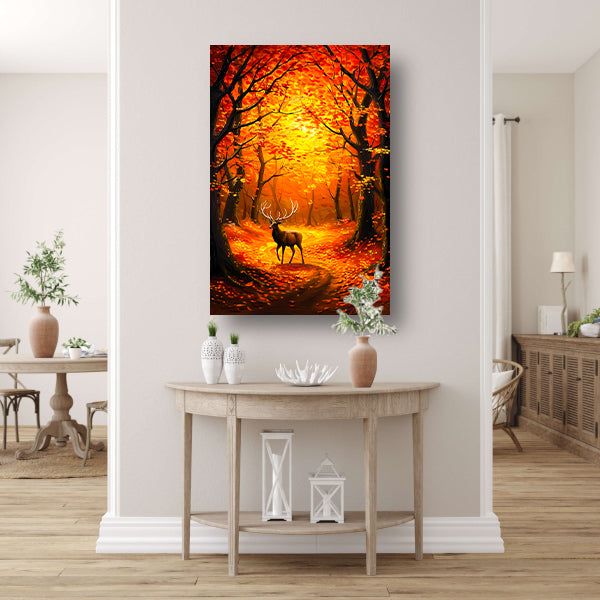 Hert in kleurrijk herfstbos met bladeren poster