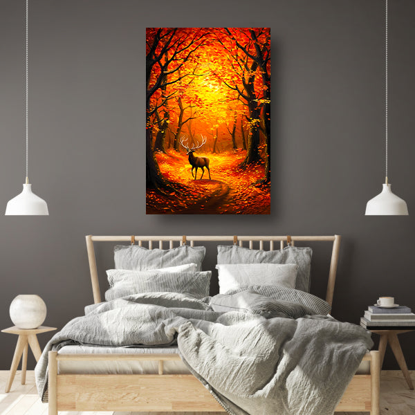 Hert in kleurrijk herfstbos met bladeren poster