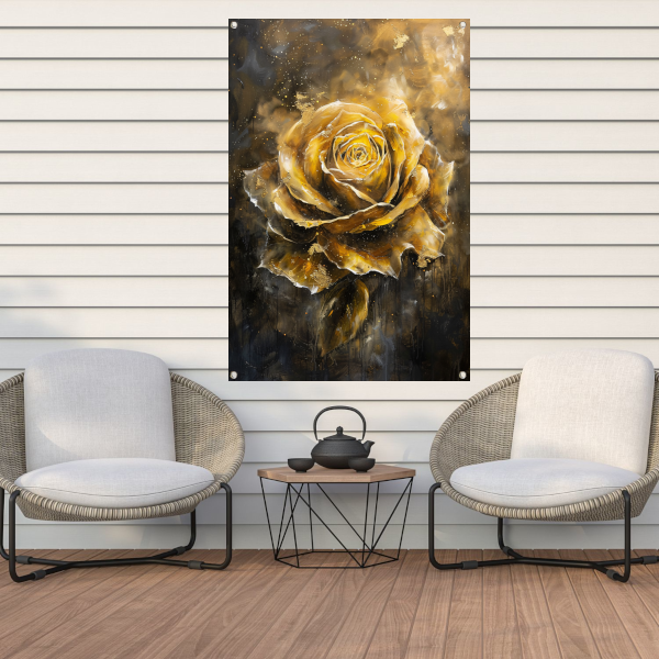 Majestueuze Gouden Roos op Donkere Abstracte Achtergrond tuinposter