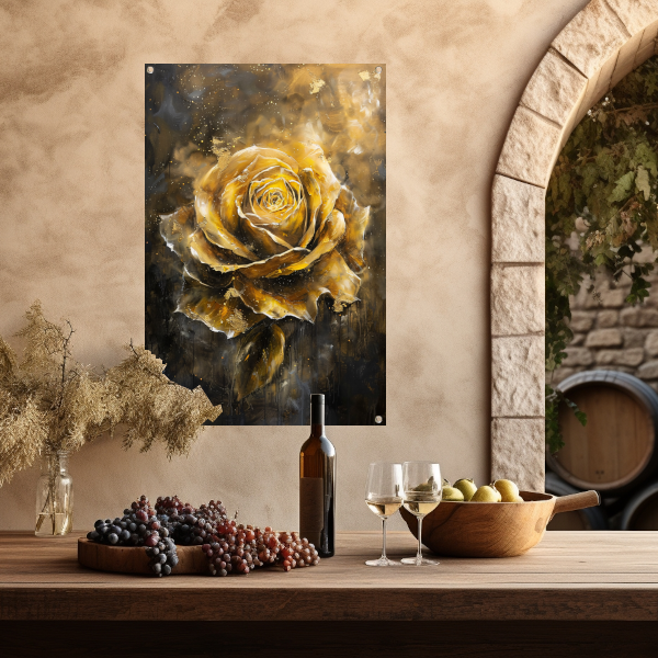Majestueuze Gouden Roos op Donkere Abstracte Achtergrond tuinposter