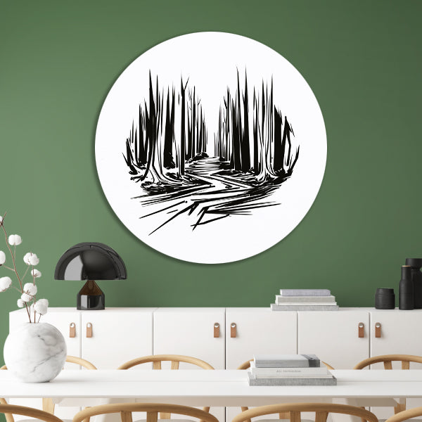 Zwart-wit lijnenspel op canvas aluminium muurcirkel