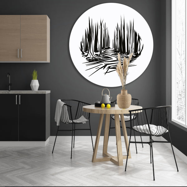 Zwart-wit lijnenspel op canvas aluminium muurcirkel