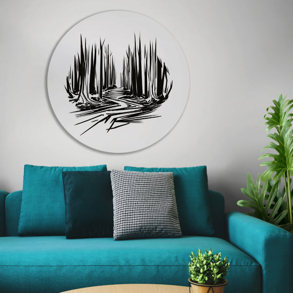 Zwart-wit lijnenspel op canvas aluminium muurcirkel