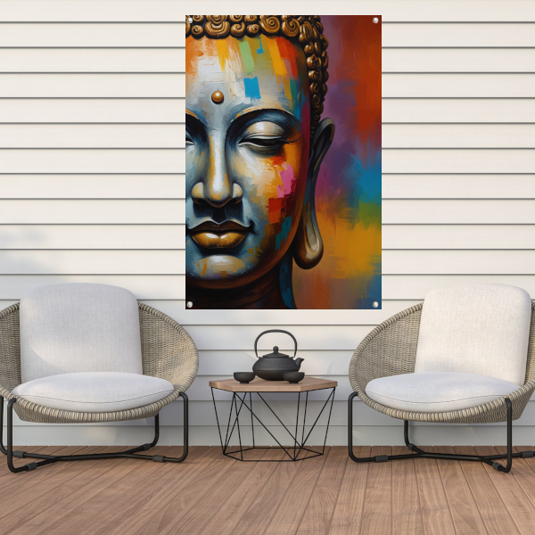 Expressief Kleurrijk Boeddha Hoofd Portret tuinposter