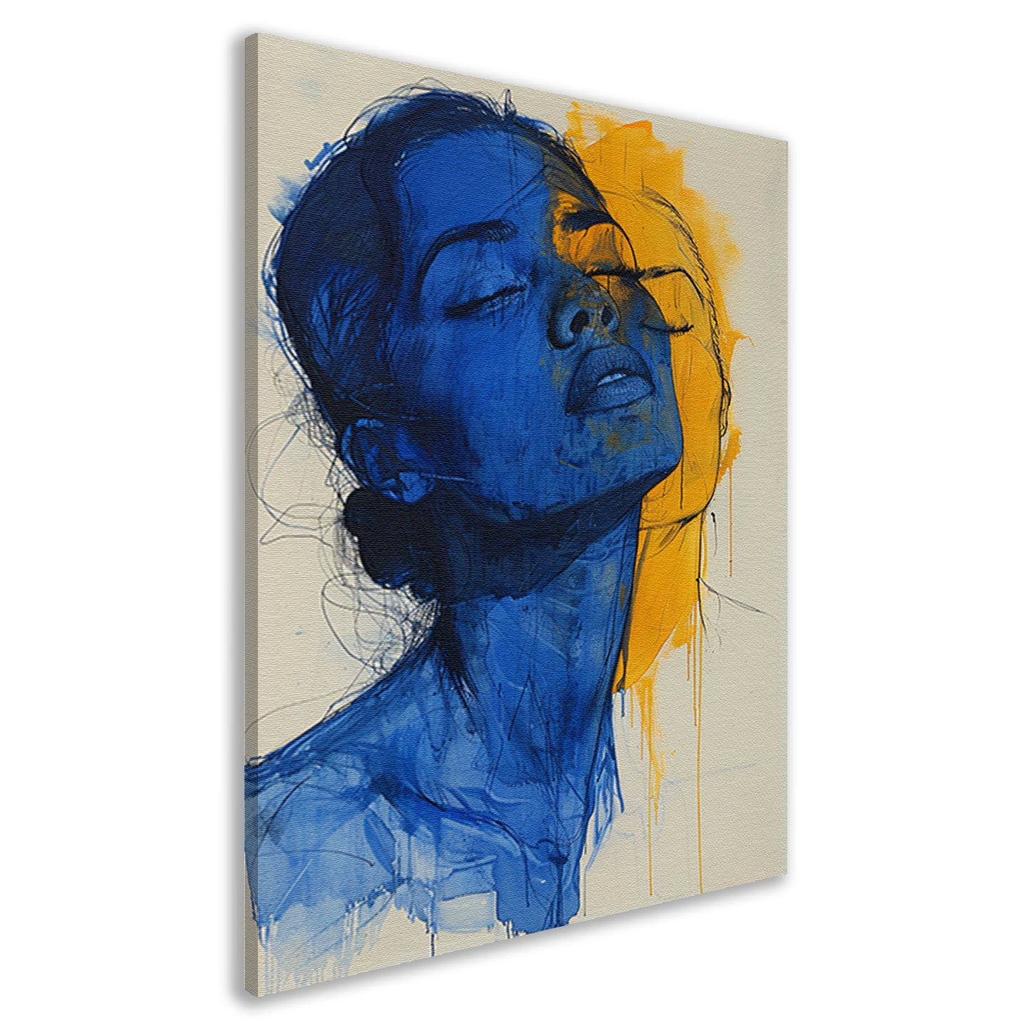 Abstract portretten in blauw en geel canvas