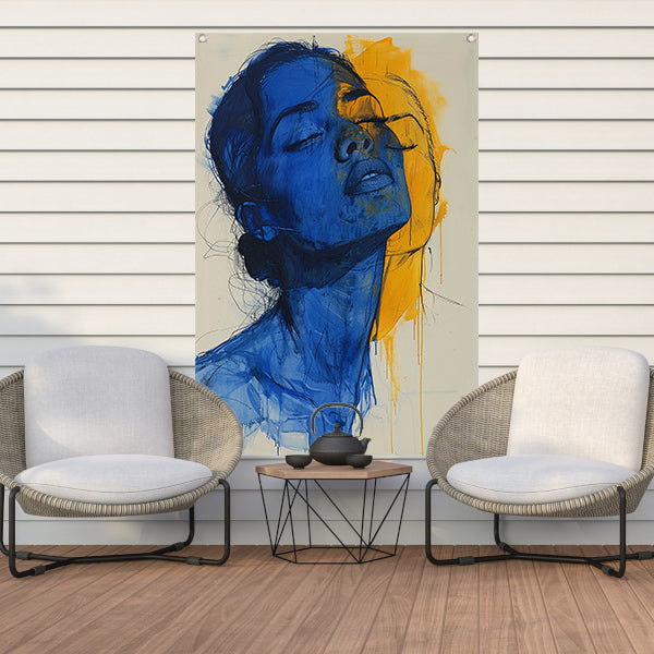 Abstract portretten in blauw en geel tuinposter