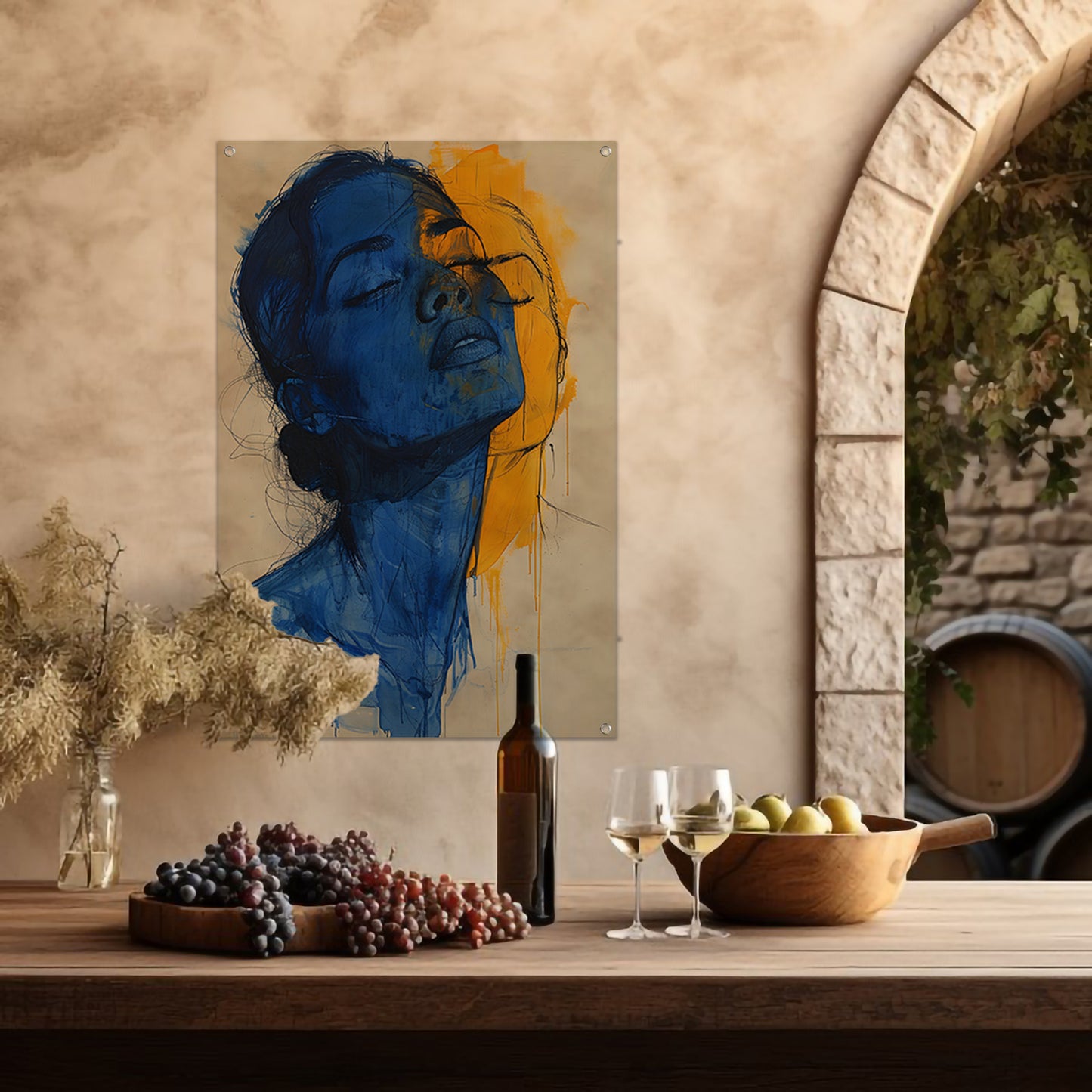 Abstract portretten in blauw en geel tuinposter