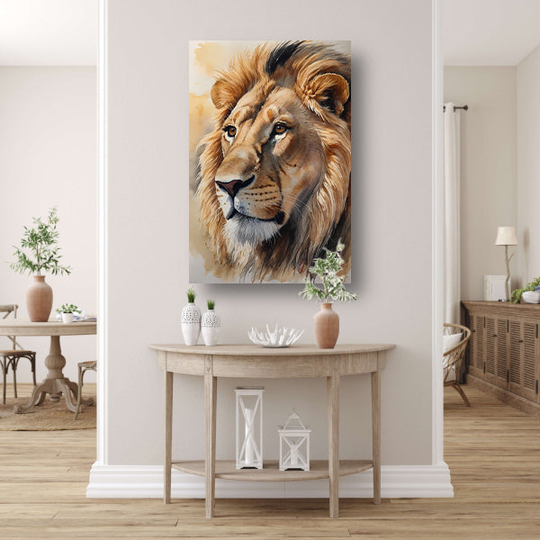 Majestueuze Waterverf Leeuw met Gouden Gloed canvas met baklijst