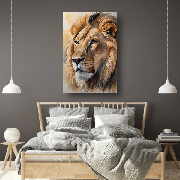 Majestueuze Waterverf Leeuw met Gouden Gloed canvas met baklijst