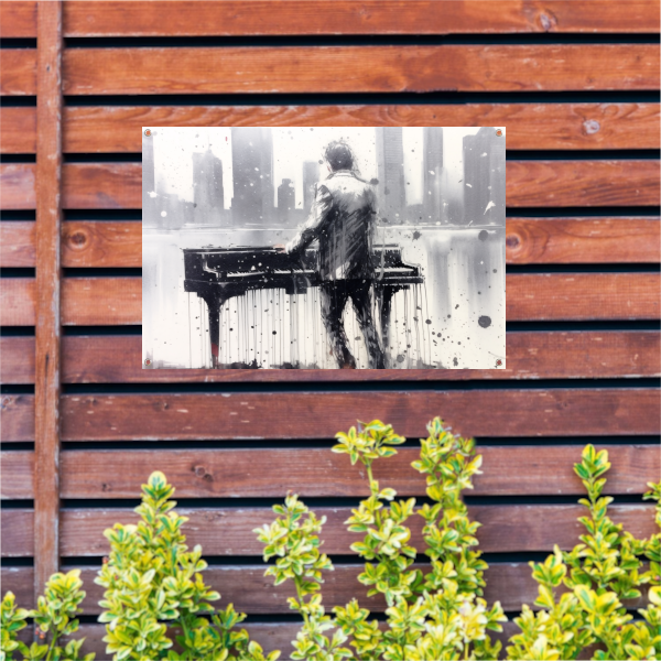 Pianist tegen de achtergrond van een wazige stad tuinposter