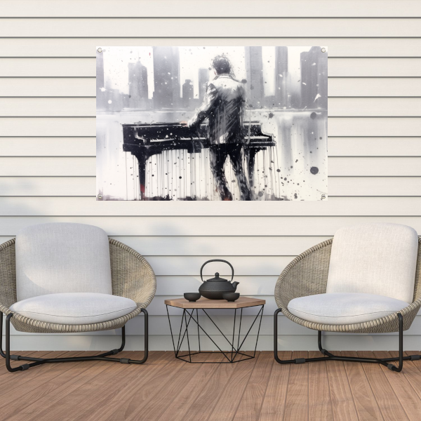 Pianist tegen de achtergrond van een wazige stad tuinposter