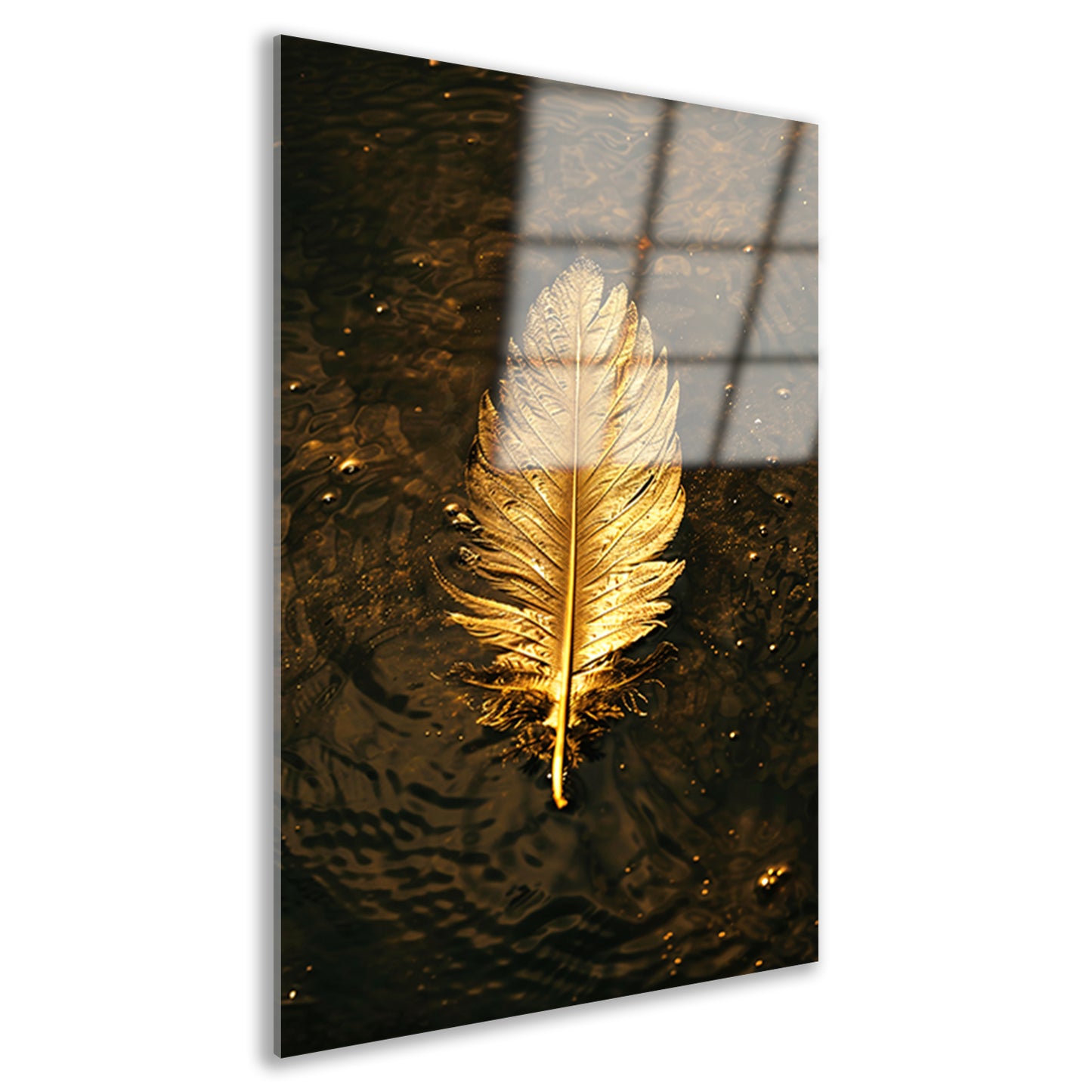 Gouden veer zwevend op donker water acrylglas