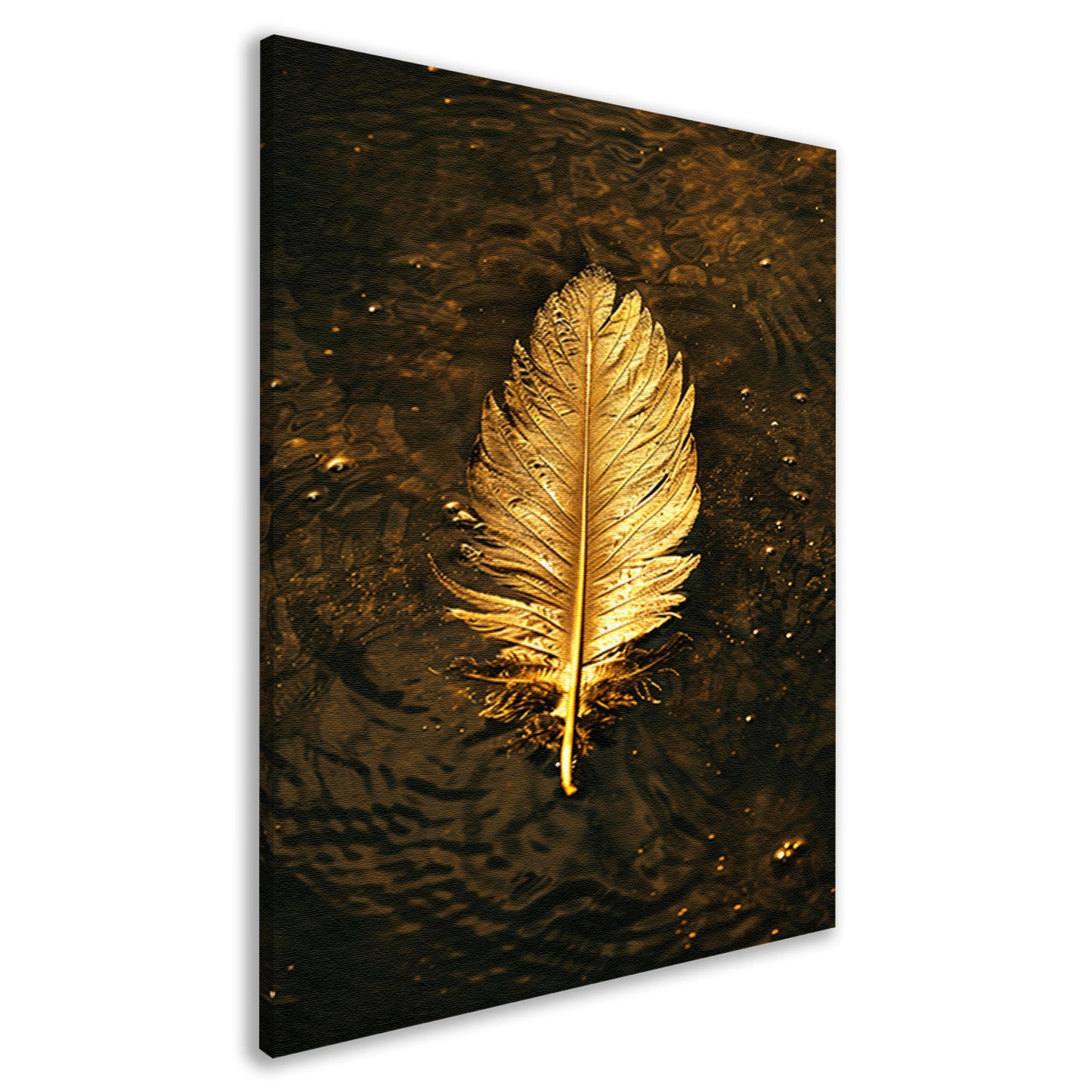 Gouden veer zwevend op donker water canvas