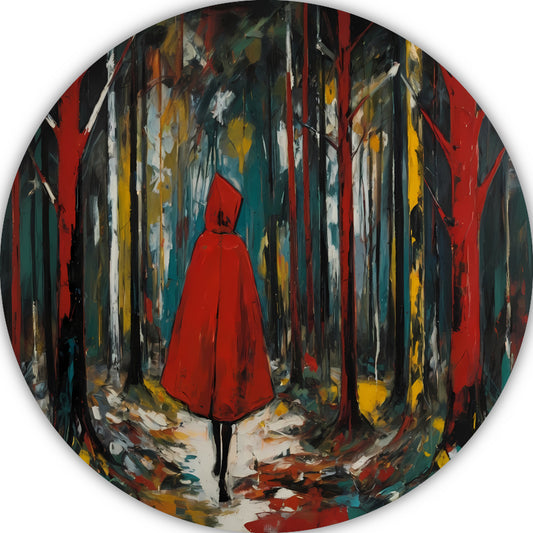 Eenzame Rode Figuur Wandelend in Kleurrijk Bos aluminium muurcirkel