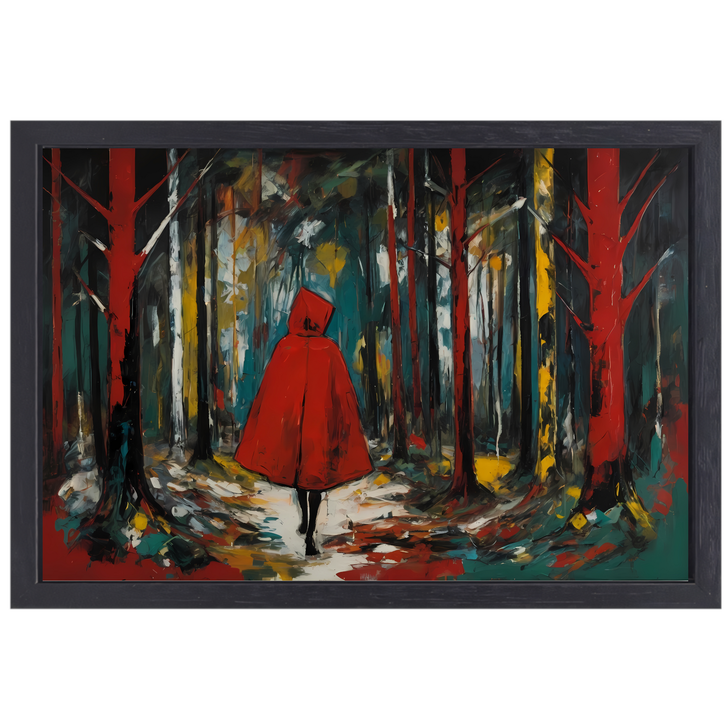 Eenzame Rode Figuur Wandelend in Kleurrijk Bos canvas met baklijst