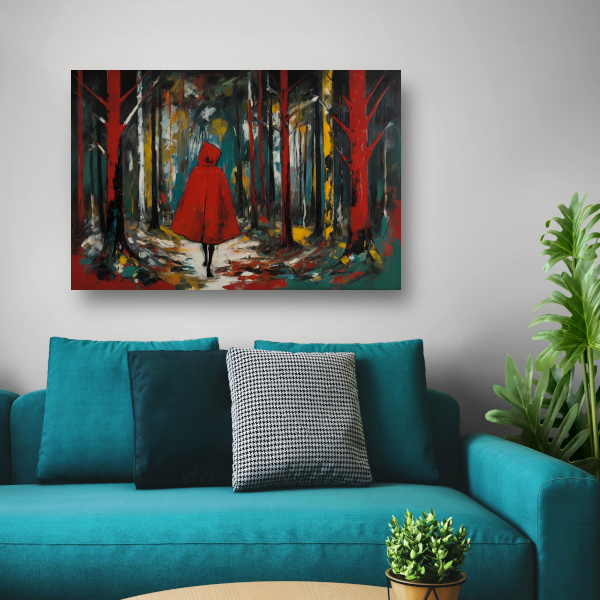 Eenzame Rode Figuur Wandelend in Kleurrijk Bos poster