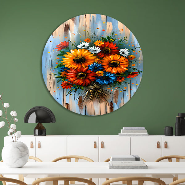 Levendige en kleurrijke bloemen op blauwe achtergrond aluminium muurcirkel