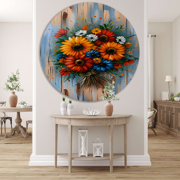 Levendige en kleurrijke bloemen op blauwe achtergrond forex muurcirkel