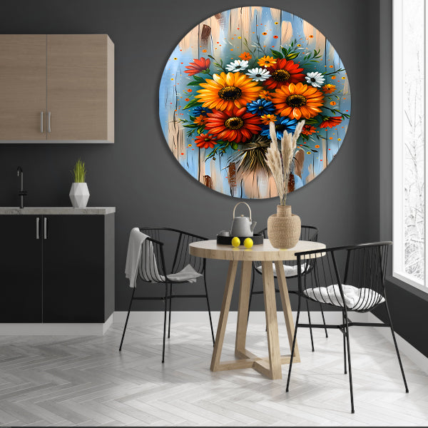 Levendige en kleurrijke bloemen op blauwe achtergrond forex muurcirkel
