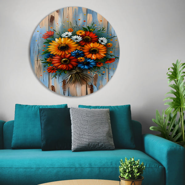 Levendige en kleurrijke bloemen op blauwe achtergrond forex muurcirkel