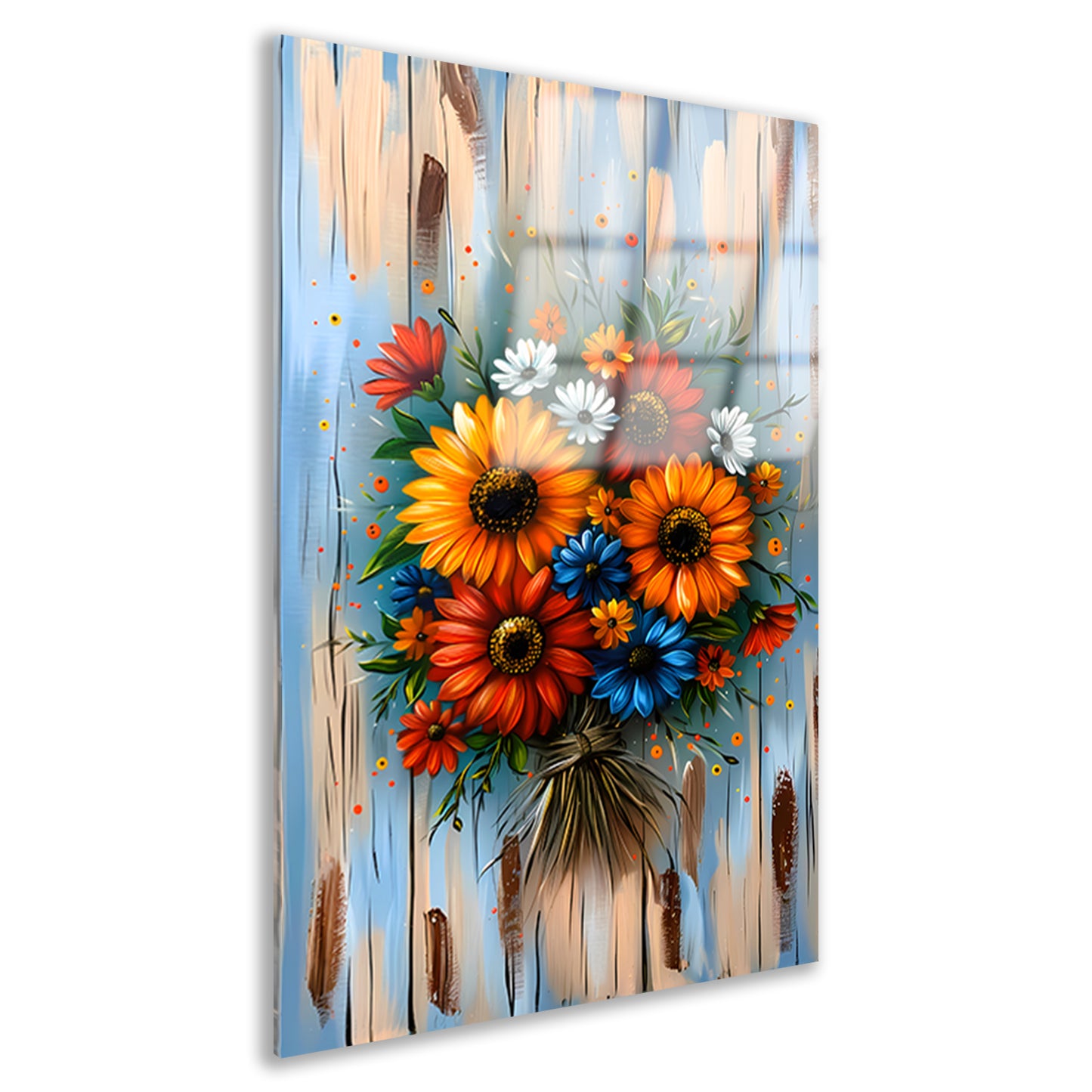 Levendige en kleurrijke bloemen op blauwe achtergrond acrylglas