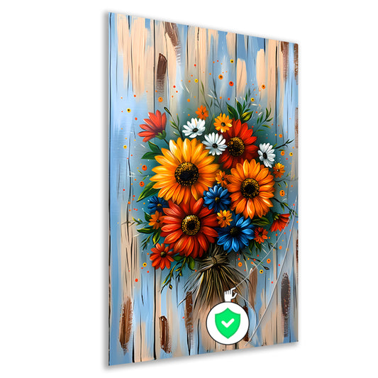Levendige en kleurrijke bloemen op blauwe achtergrond poster