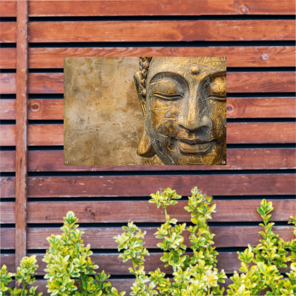 Gouden Boeddha portret op verweerde achtergrond tuinposter