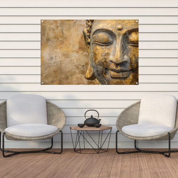 Gouden Boeddha portret op verweerde achtergrond tuinposter