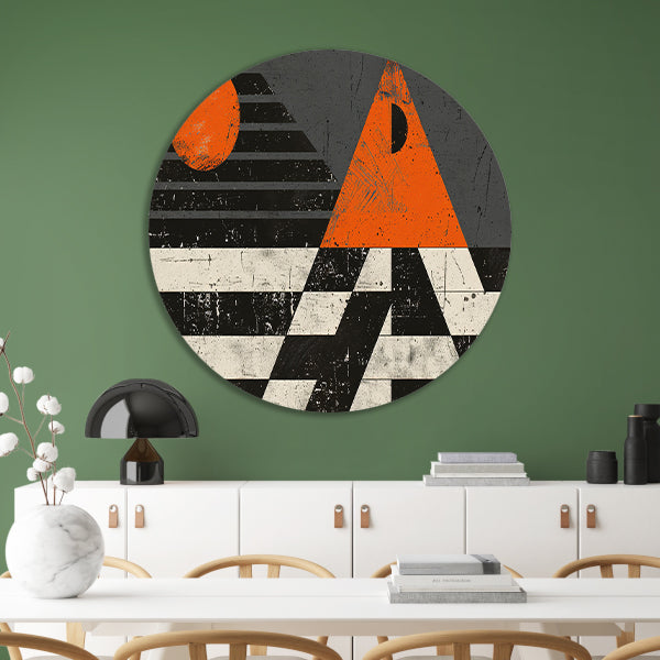 Minimalistisch geometrisch ontwerp met oranje accenten aluminium muurcirkel