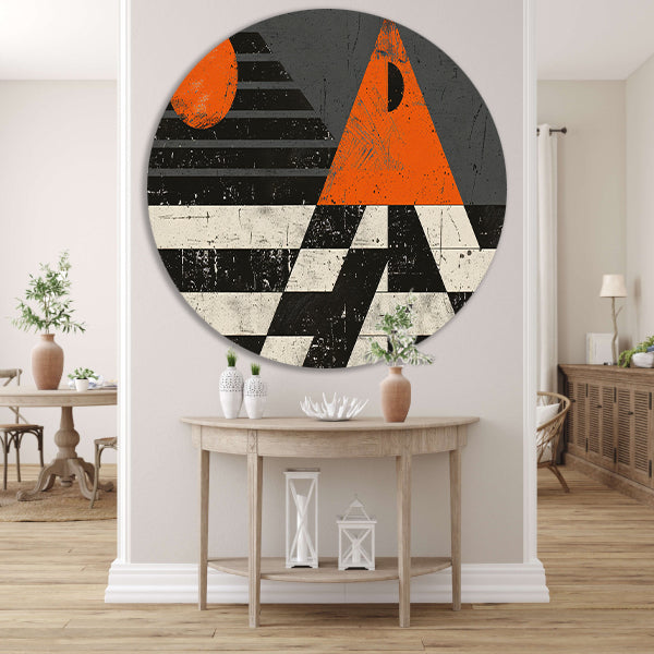 Minimalistisch geometrisch ontwerp met oranje accenten aluminium muurcirkel