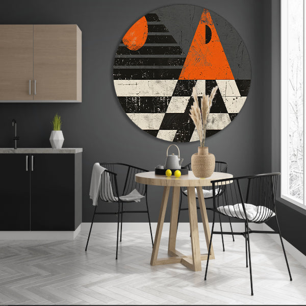 Minimalistisch geometrisch ontwerp met oranje accenten aluminium muurcirkel