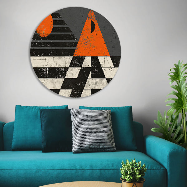 Minimalistisch geometrisch ontwerp met oranje accenten aluminium muurcirkel