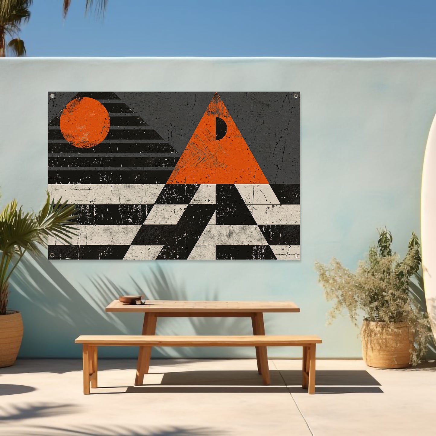 Minimalistisch geometrisch ontwerp met oranje accenten tuinposter