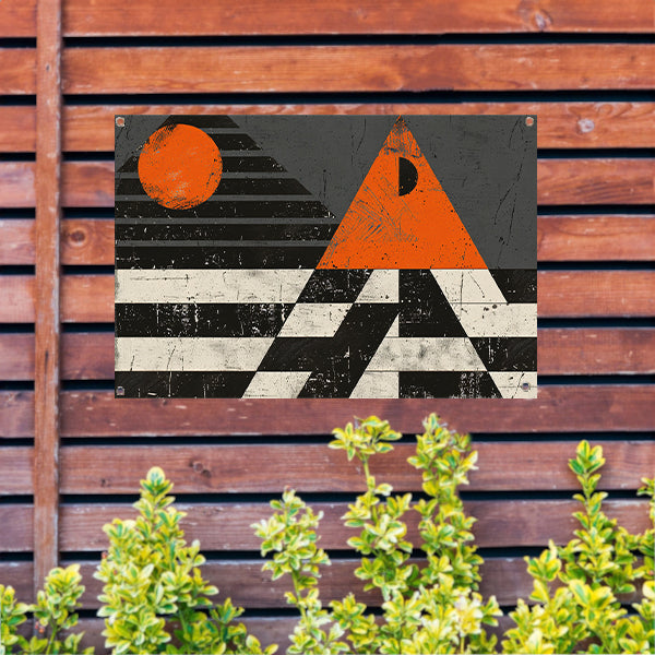 Minimalistisch geometrisch ontwerp met oranje accenten tuinposter
