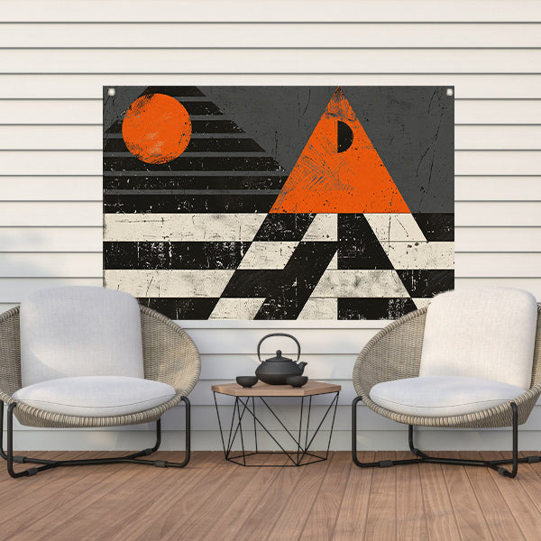 Minimalistisch geometrisch ontwerp met oranje accenten tuinposter