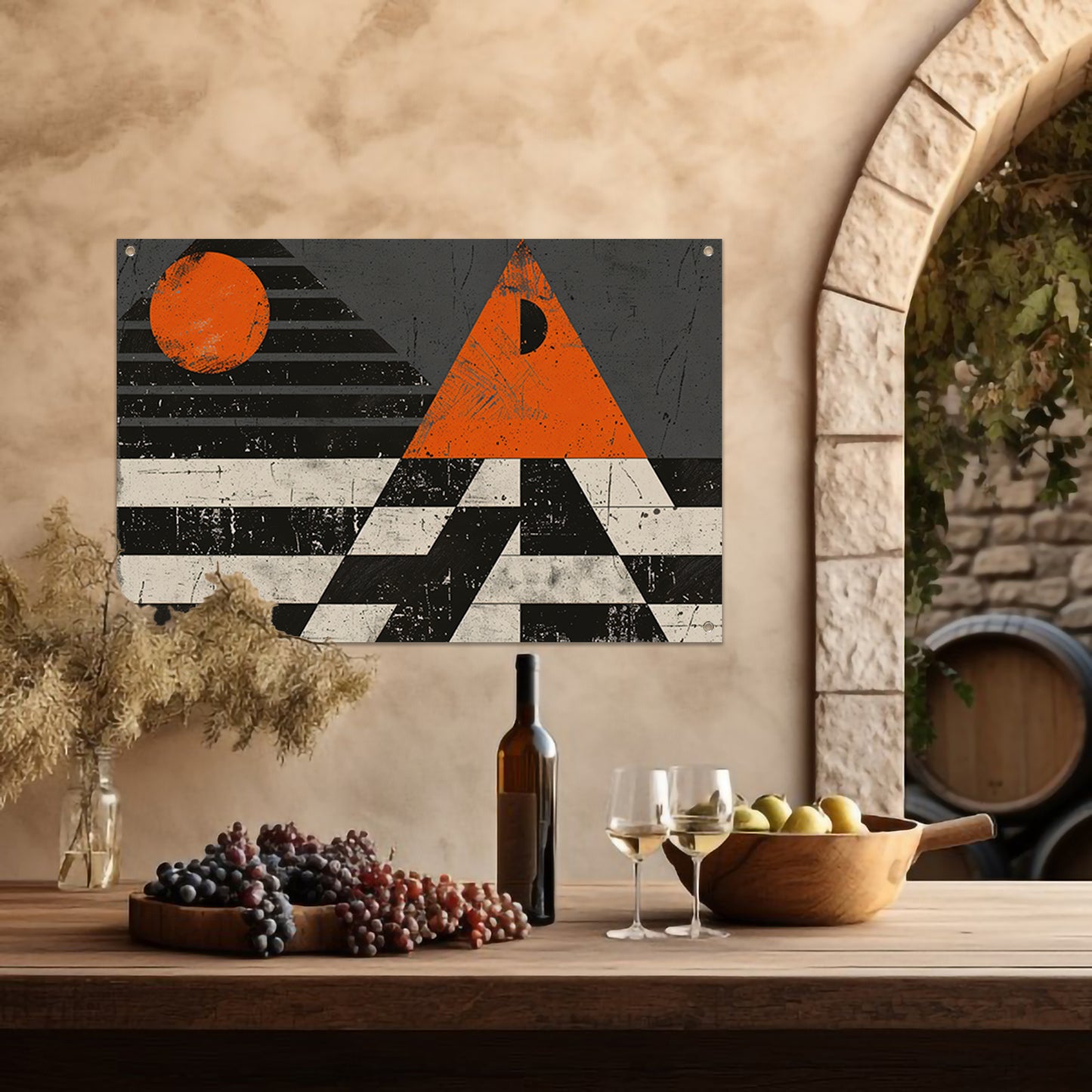Minimalistisch geometrisch ontwerp met oranje accenten tuinposter